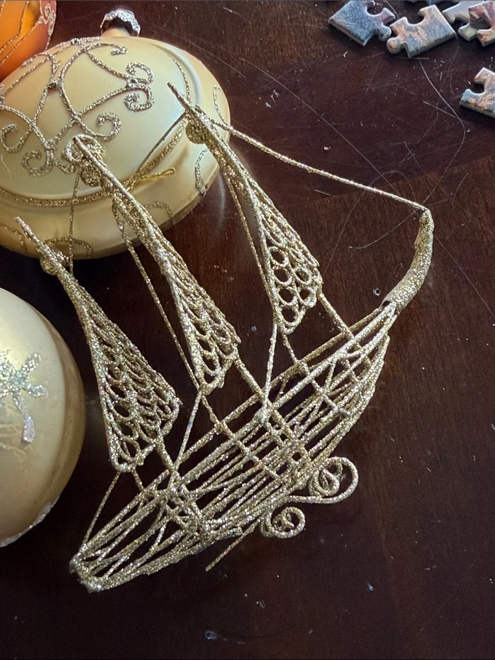 Christmas ornaments gold glass mesh etched 15 of them including a sailing ship
